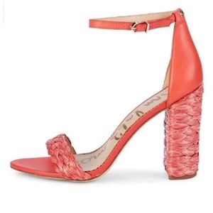 Sam Edelman Yoana Coral Raffia Leather Ankle Strap High Heel Block Heel Sandals